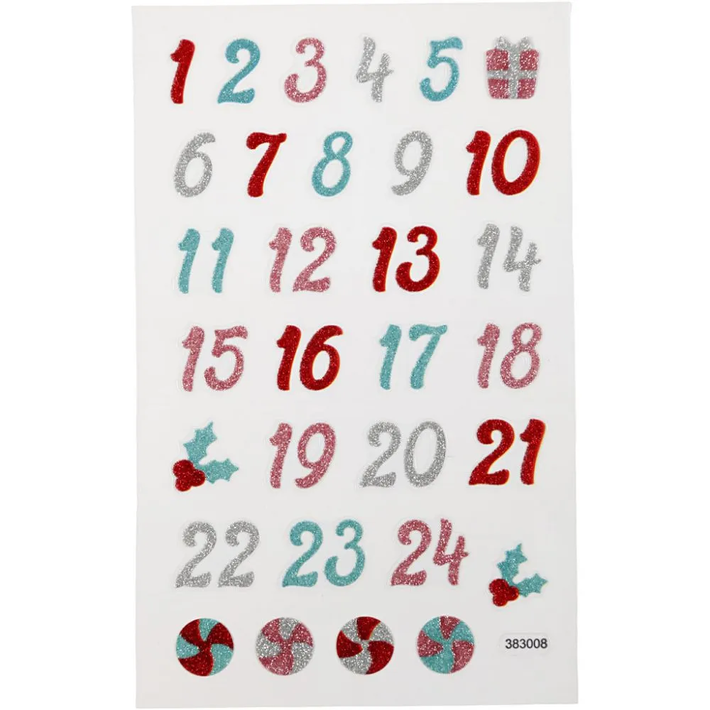 Glitter kerst stickers advents cijfers - 1 vel 10x16cm