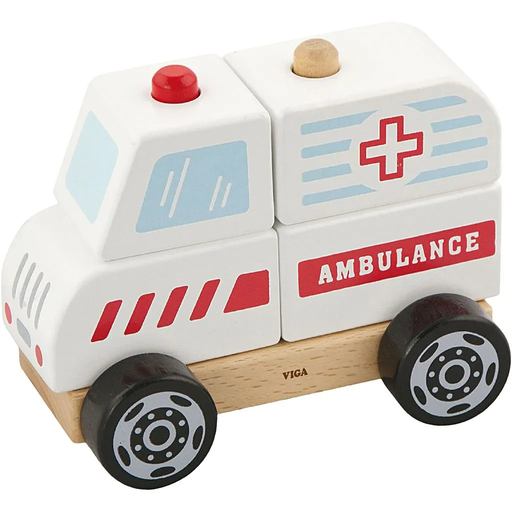 Houten ambulance stapelbare ambulance 13x10x8cm - 1 stuk