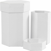 Kleine kartonnen zeskant doosjes H: 7+9 cm, 4,5+6 cm Wit 2 stuks