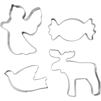 Uitsteekvormen 4-delig set, Engel / Rendier / Duif / Snoep, Zilver Metallic (H 2 cm, 4,5-9 cm)