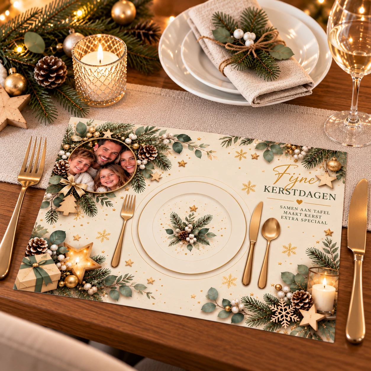 Kerst placemats met eigen foto Warm Goud A4 &ndash; 8 stuks