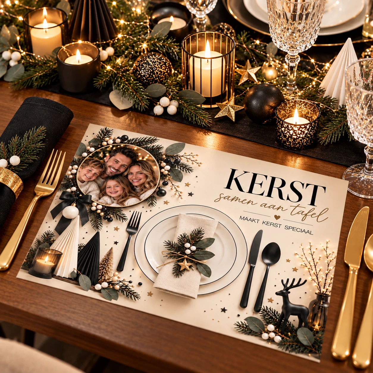 Kerst placemats met eigen foto Modern Zwart A4 &ndash; 8 stuks