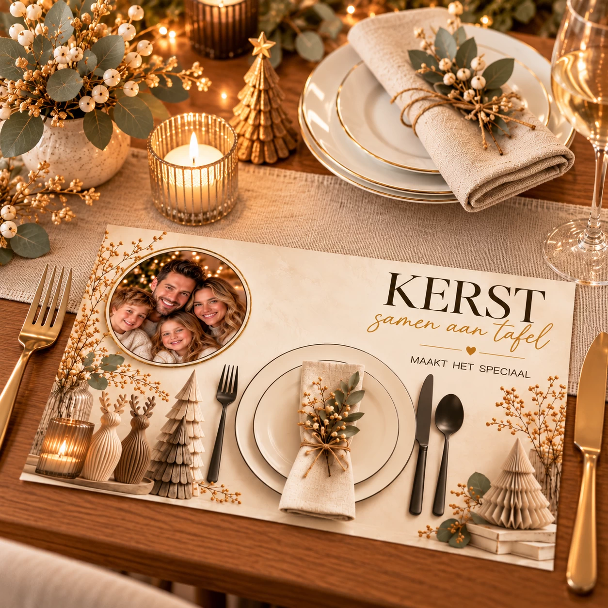 Kerst placemats met eigen foto Designer Champagne A4 &ndash; 8 stuks