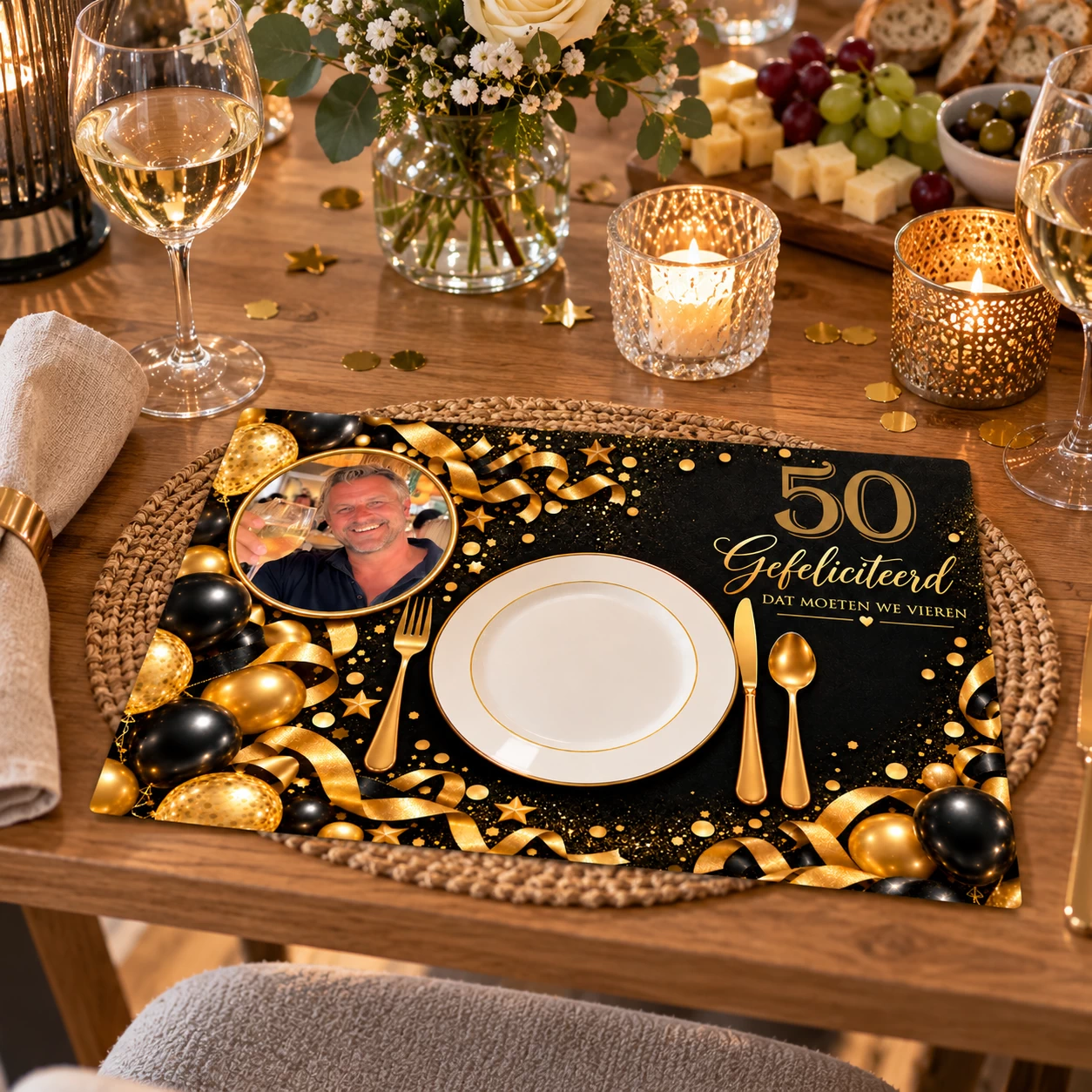 Verjaardag placemats 40 / 50 jaar met foto zwart A4 &ndash; 8 stuks