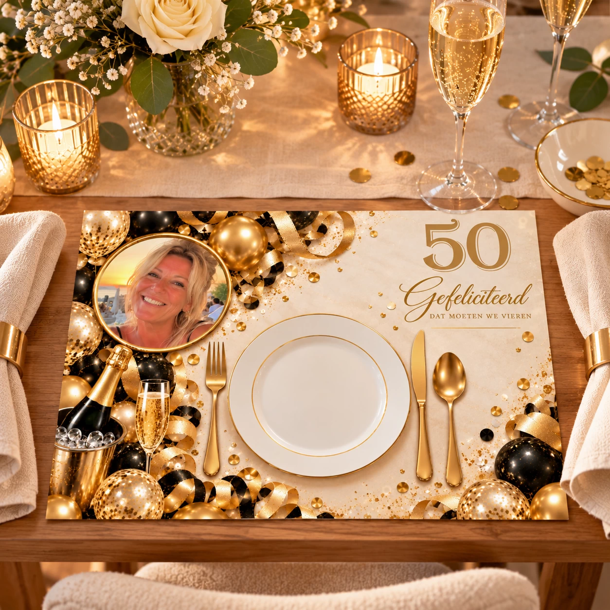 Verjaardag placemats 40 / 50 jaar met foto Champagne A4 &ndash; 8 stuks