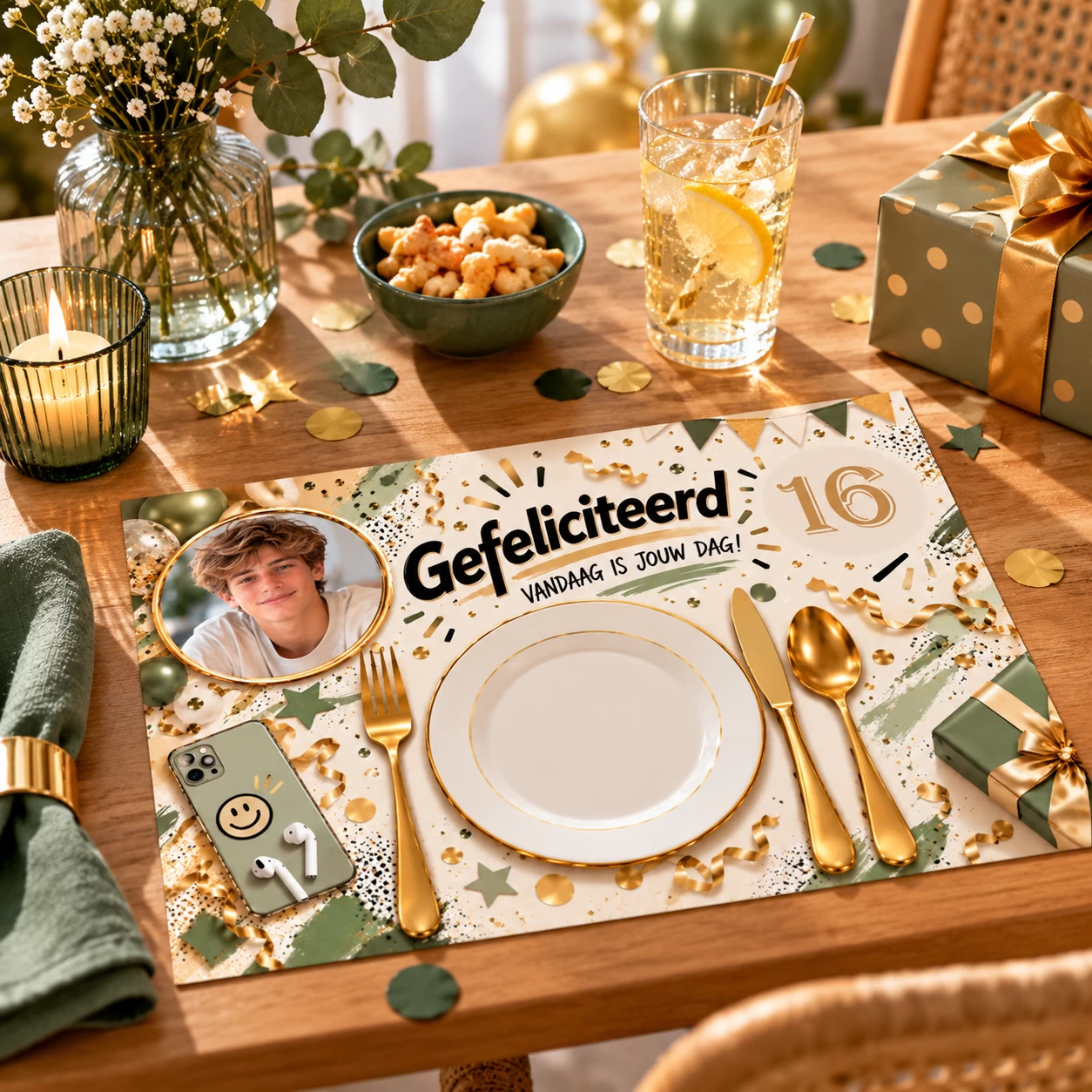 Verjaardag placemats Tieners met foto  A4 &ndash; 8 stuks