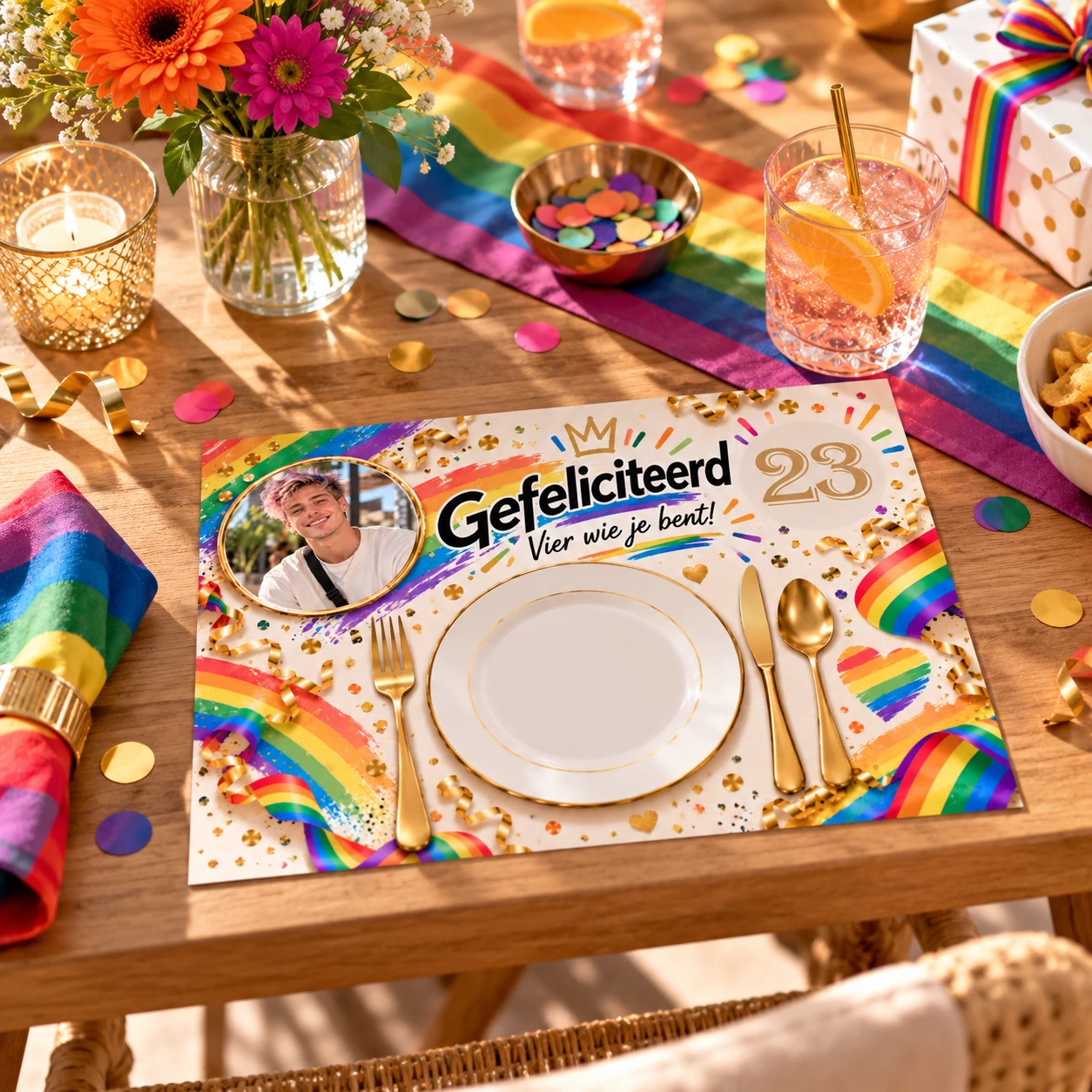 Verjaardag placemats met foto LGBTI+ A4 &ndash; 8 stuks