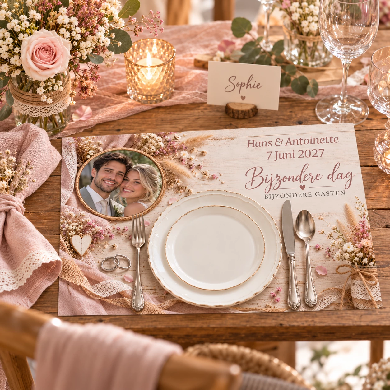 Trouwplacemats Shabby Chique met foto  A4 &ndash; 8 stuks