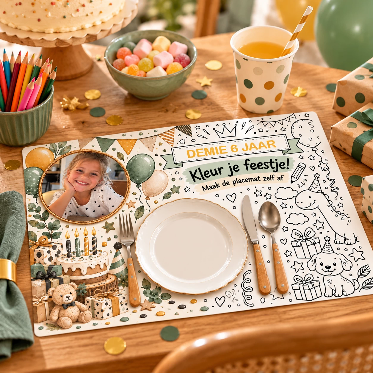 Kinderplacemats inkleuren met foto groen A4 &ndash; 8 stuks