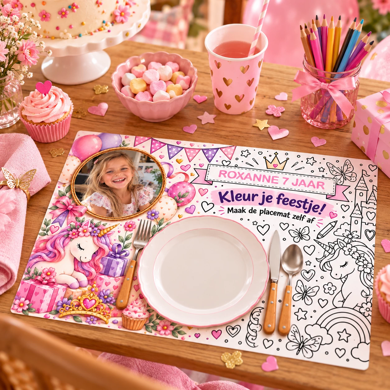 Kinderplacemats inkleuren met foto roze A4 &ndash; 8 stuks