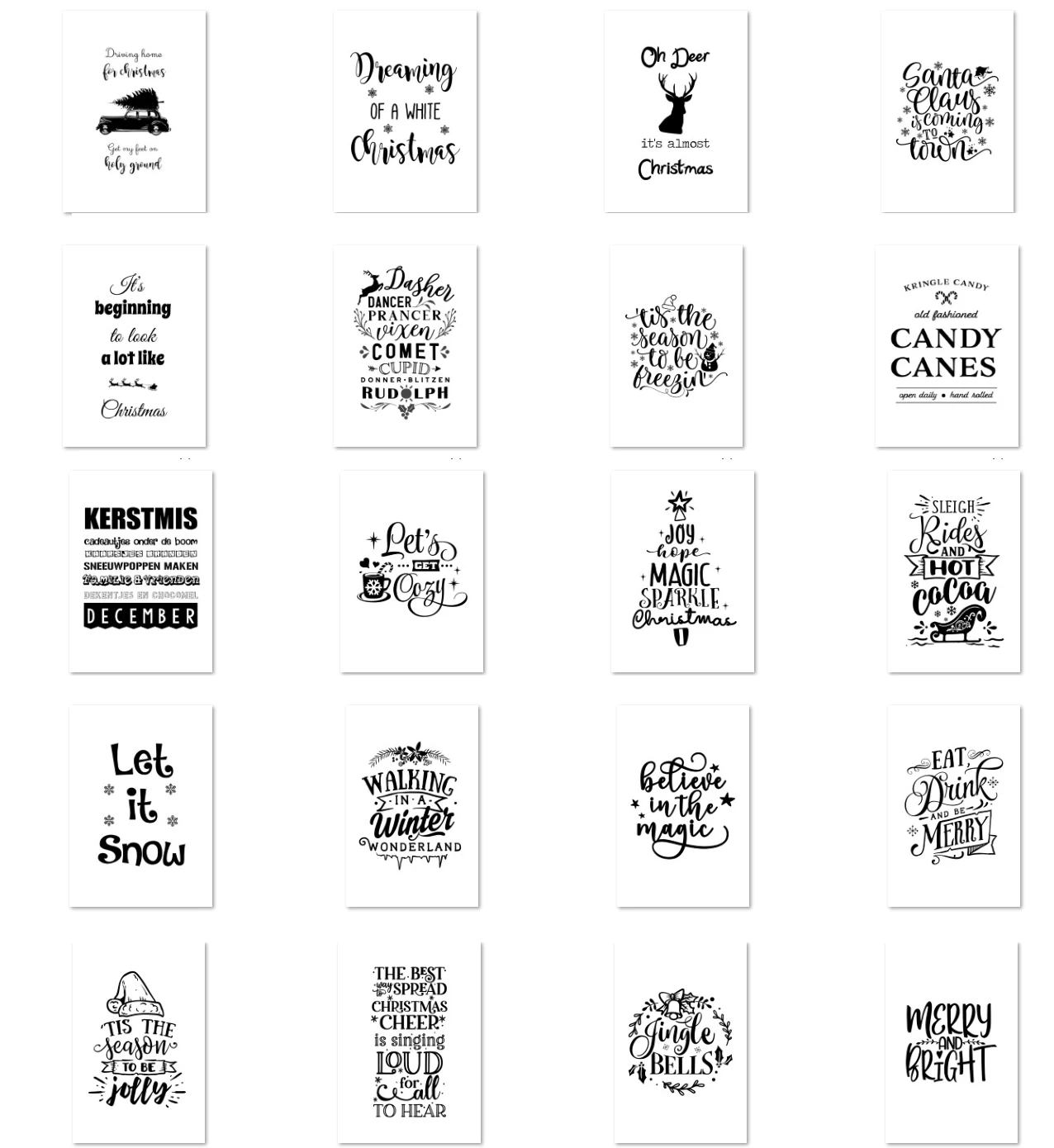 Set 20 zwart-wit kerstkaarten met quotes A6