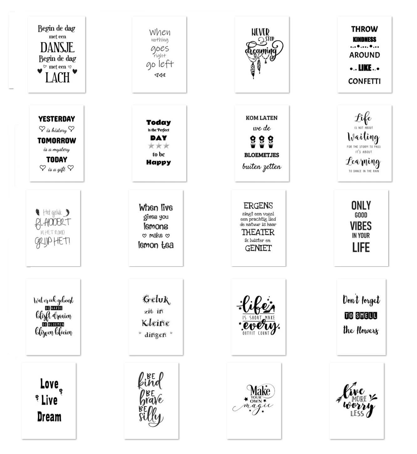 Set van 20 positieve woonkaarten met quotes A6
